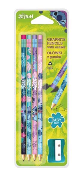 Grafitová tužka Colorino Stitch HB trojhranná s pryží - 4 ks s ořezávátkem