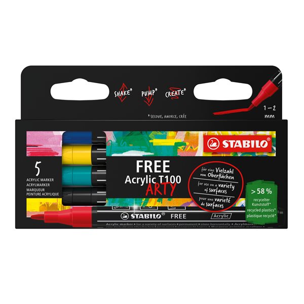 STABILO FREE Akrylový popisovač - T100 Kulatý hrot 1-2 mm - Royal - sada 5 ks