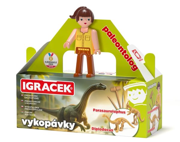 Igráček Paleontoložka - figurka s vykopávkami dinosaurů Parasaurolophuse a Diplodocuse